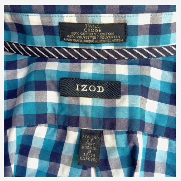 IZOD Men Blue White Plaid Long Sleeve Shirt - Picture 5 of 7